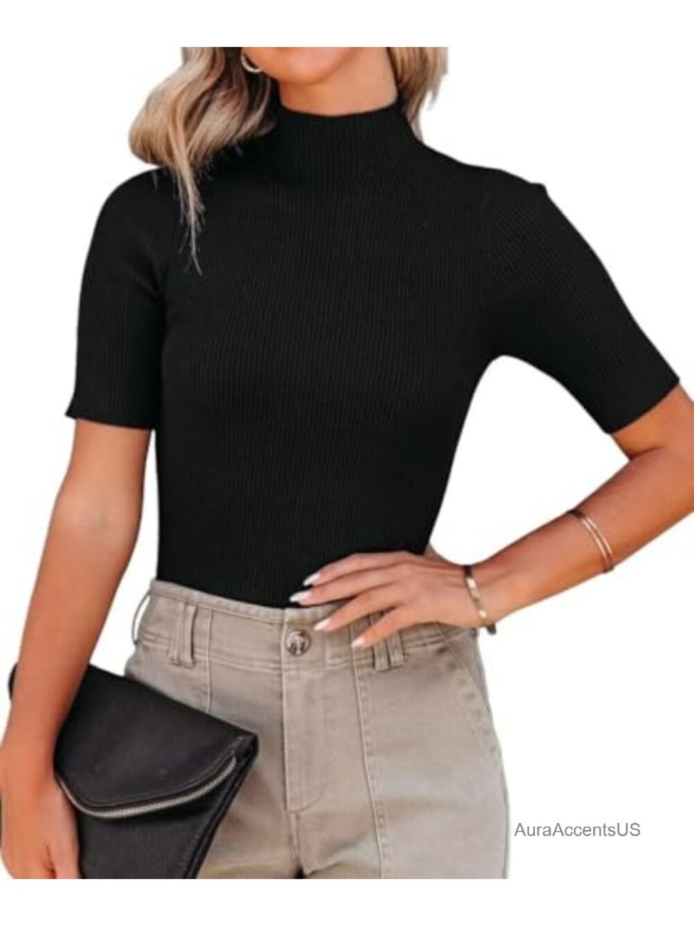 Women's Short Sleeve Knit Pullover Sweater Mock Neck Tunic
